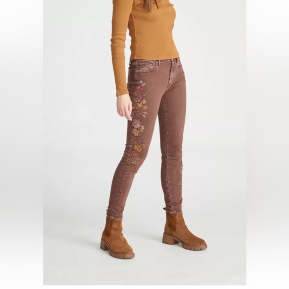 NWT Driftwood Free People Jackie Embroidered Brown Denim Pants - Picture 1 of 15